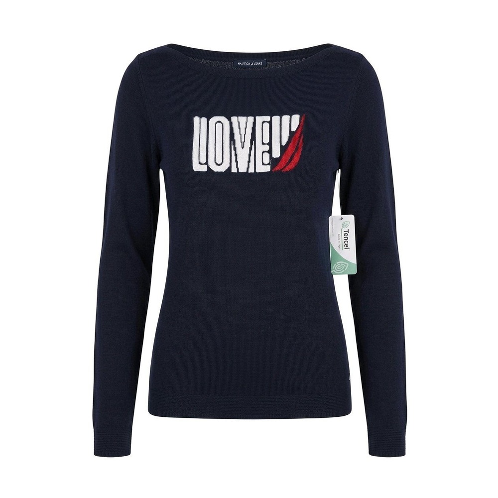 Nautica Jeans Sweater Navy‎ Blue Love Graphic Boat Neck Knit Top XS